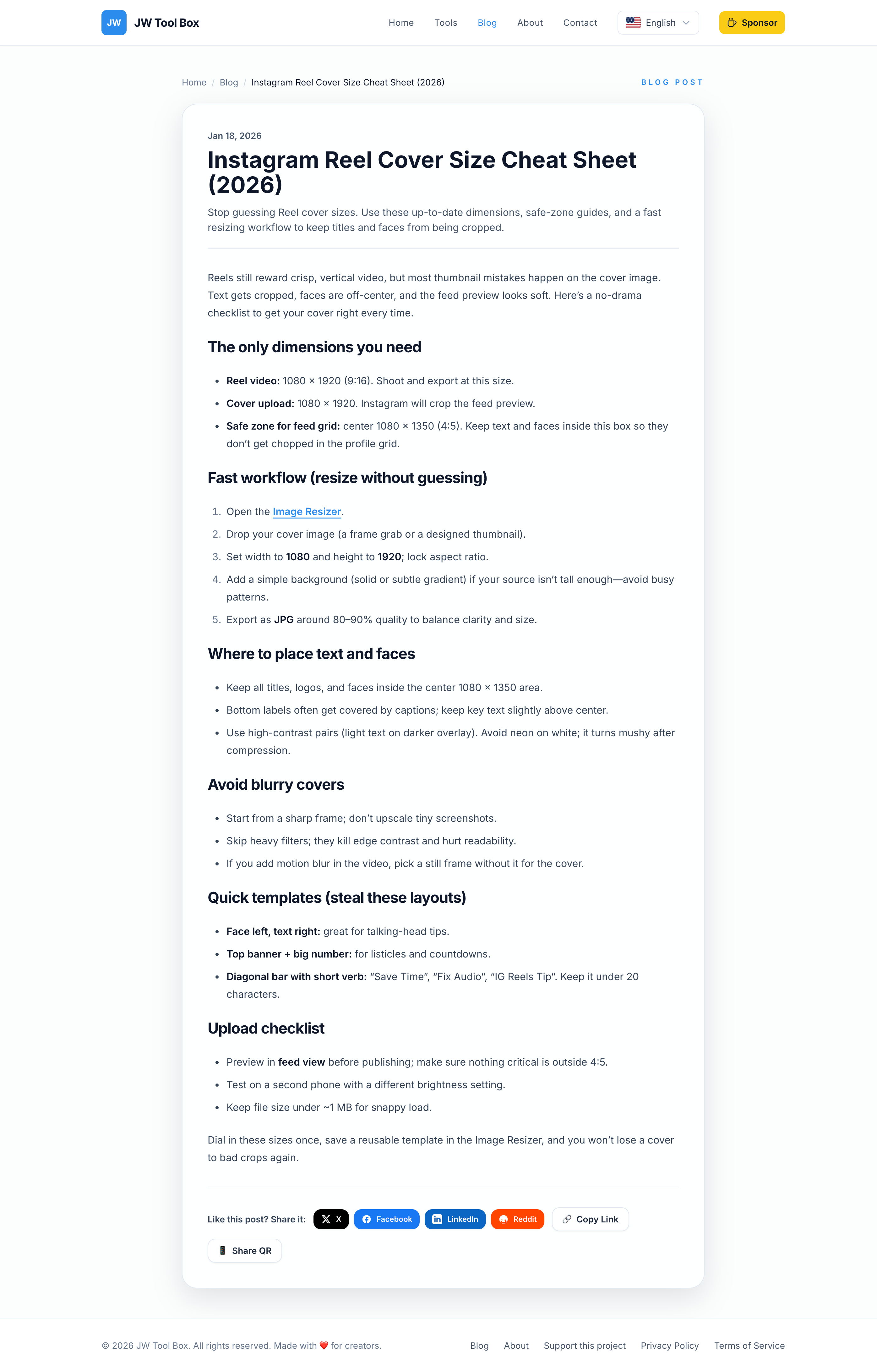 Instagram Reel cover size cheat sheet hero