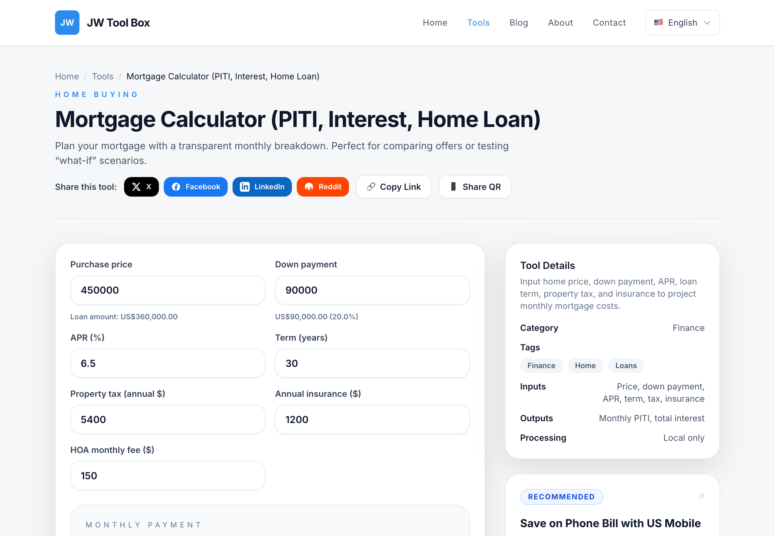 Mortgage Calculator Tool Screenshot