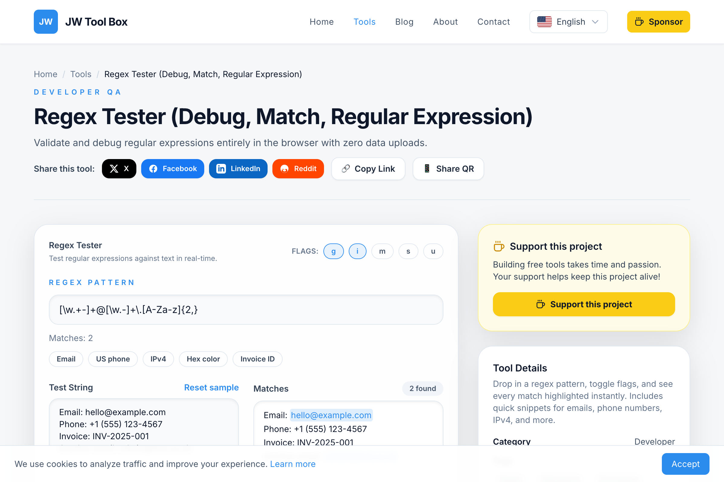 Regex Tester showing matching groups and execution time